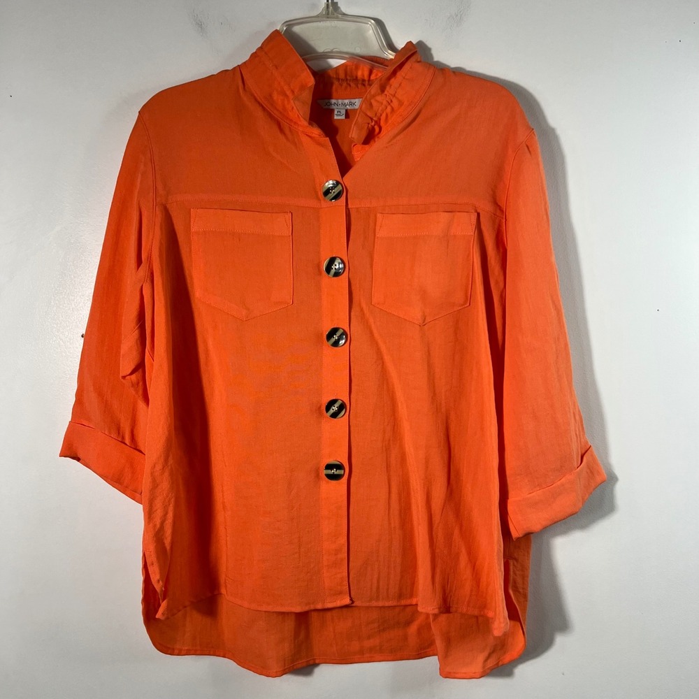 John Mark Button Lagenlook Tunic Stay Collar Orange PL 3/4 Sleeve Rayon Nylon